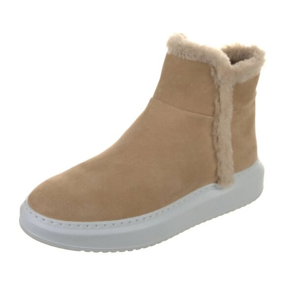 Womens Aquatalia Larisa Sand Suede Shearling Fur Ankle Zip Sneaker Booties 8.5 - Picture 1 of 16
